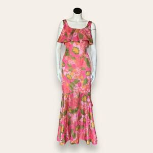 Vintage Hawaiian Pink Floral Mermaid Dress | Ruffle Scoop Neck